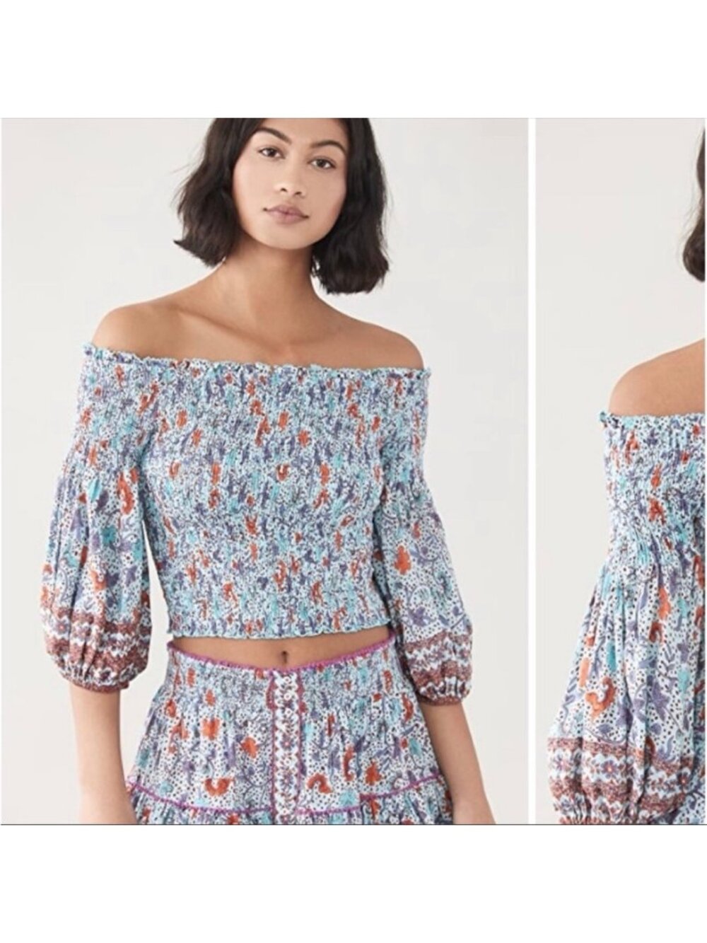 Poupette St Barth Ariel Smocked Off-the-Shoulder Crop Top